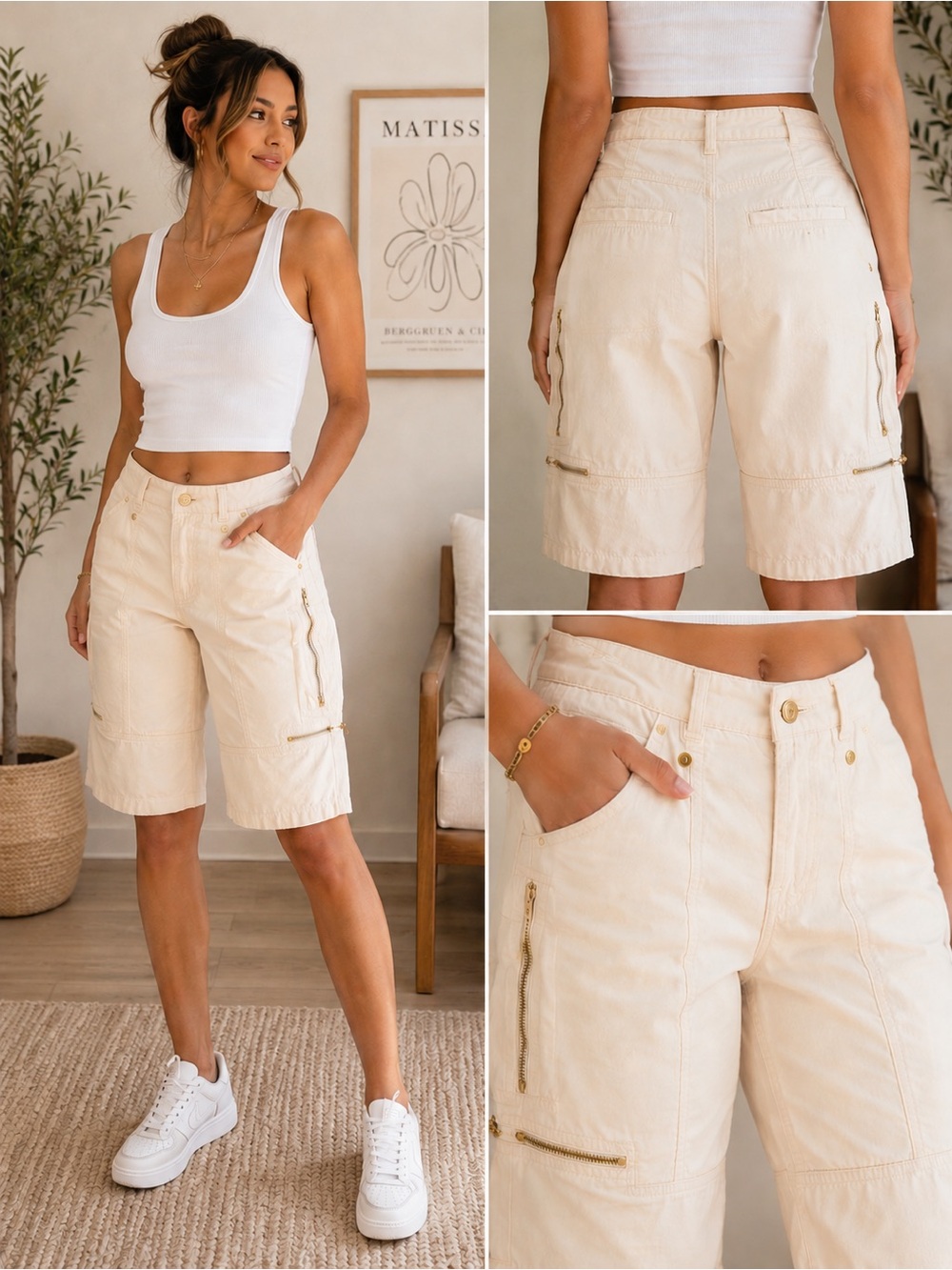 Billy Blues Cream Cargo Capri Shorts – Zip Pocket Utility – Size 2